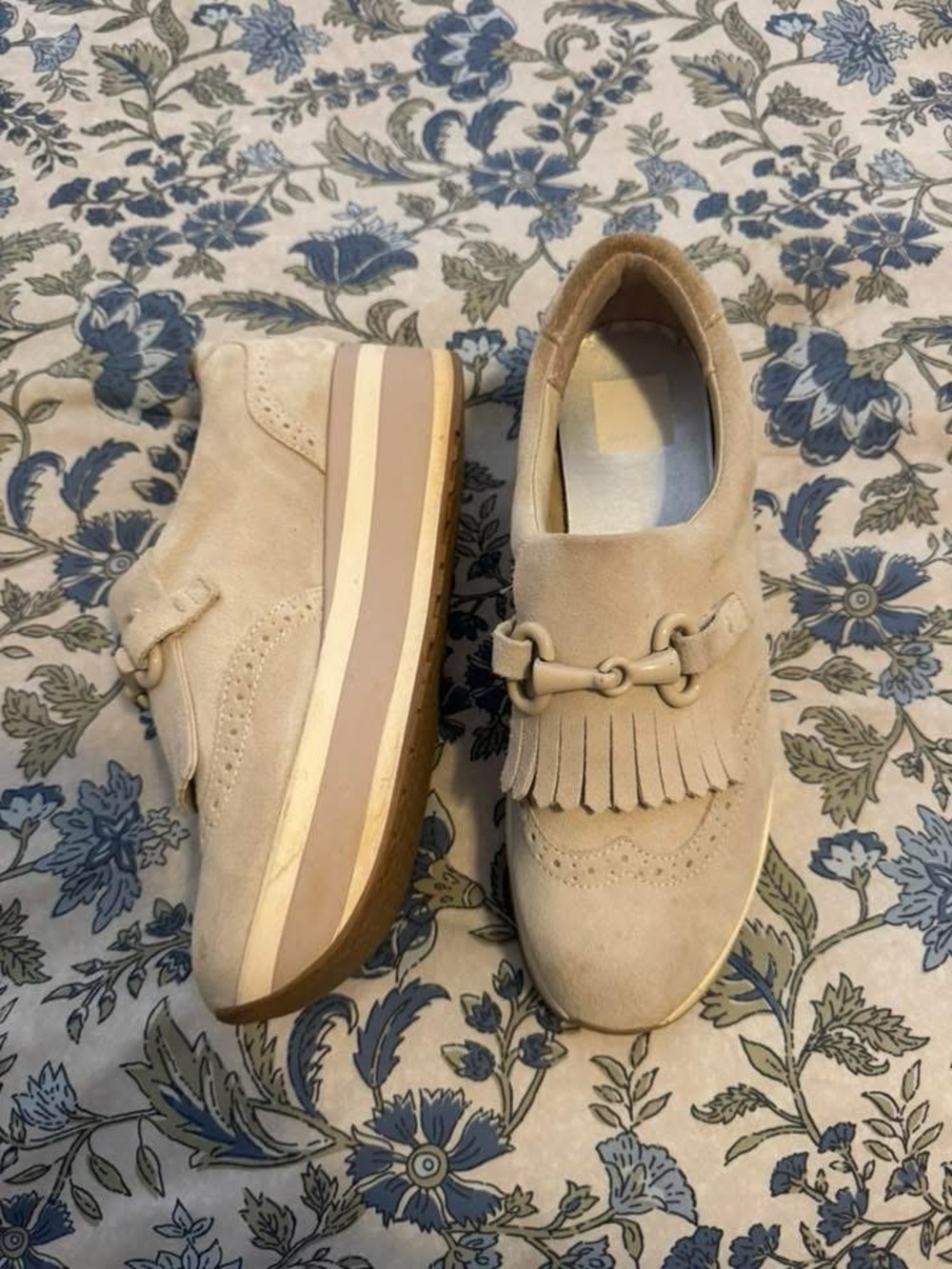 Beige Suede Fringe Platform Loafers
